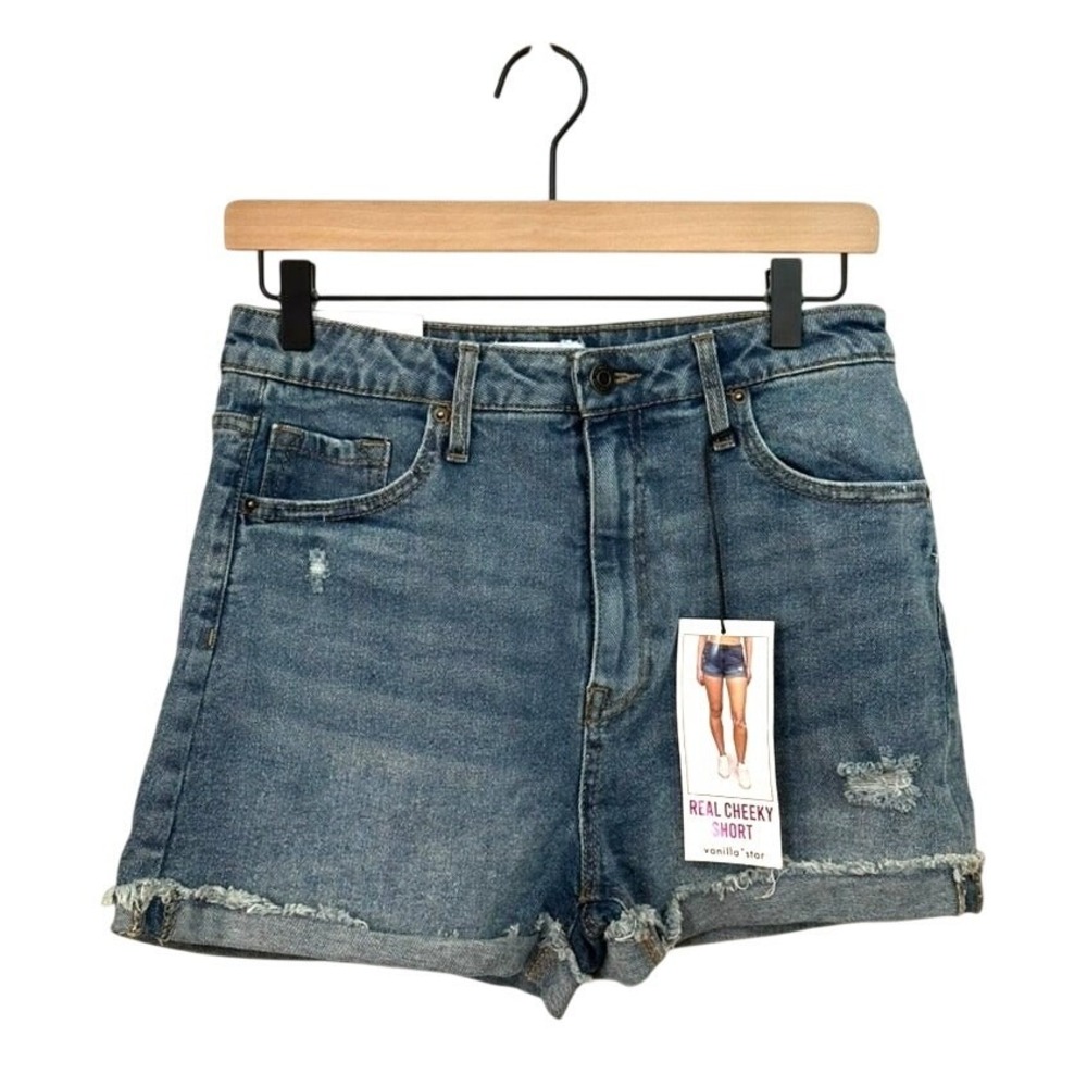 Vanilla Star Womens Cheeky Shorts 9 Blue High Rise Distressed Denim Festival‎